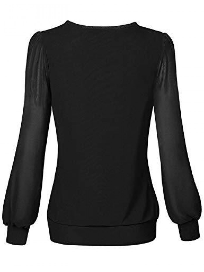 Women's Long Sleeve Scoop Neck Pleated Front Fitted Blouse Tops 