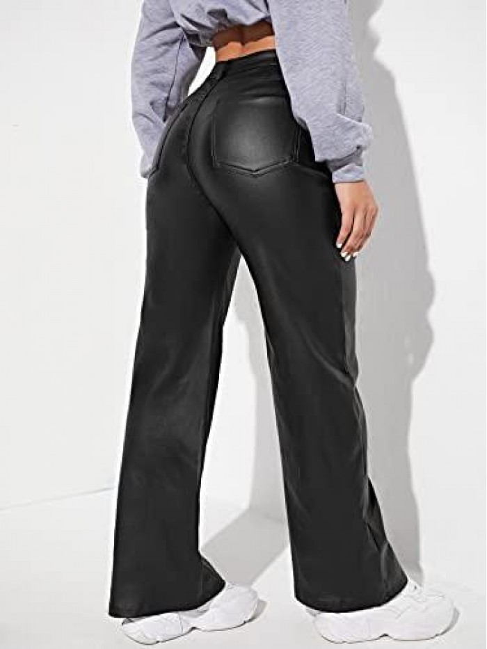 Women's High Waist Pockets Straight Leg Jeans Leather Look Pants 