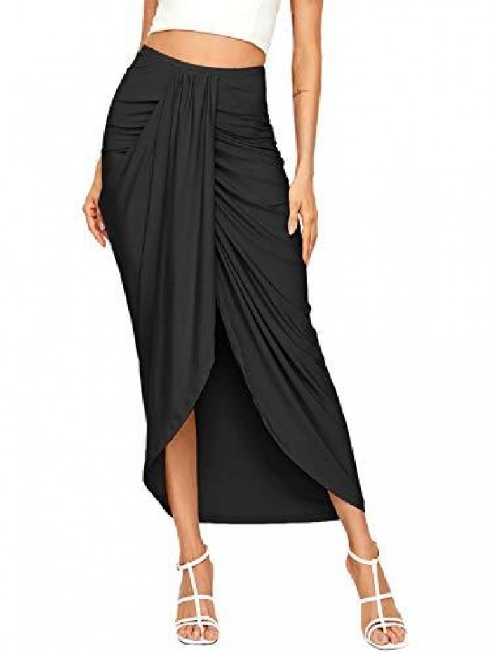 Women's Casual Slit Wrap Asymmetrical Elastic High Waist Maxi Draped Skirt 