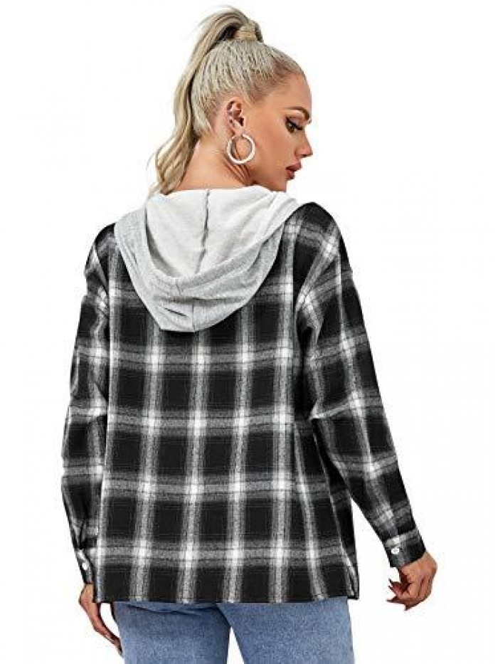 Women's Plaid Button Front Long Sleeve Drawstring Hoodie Overshirt Jacket 