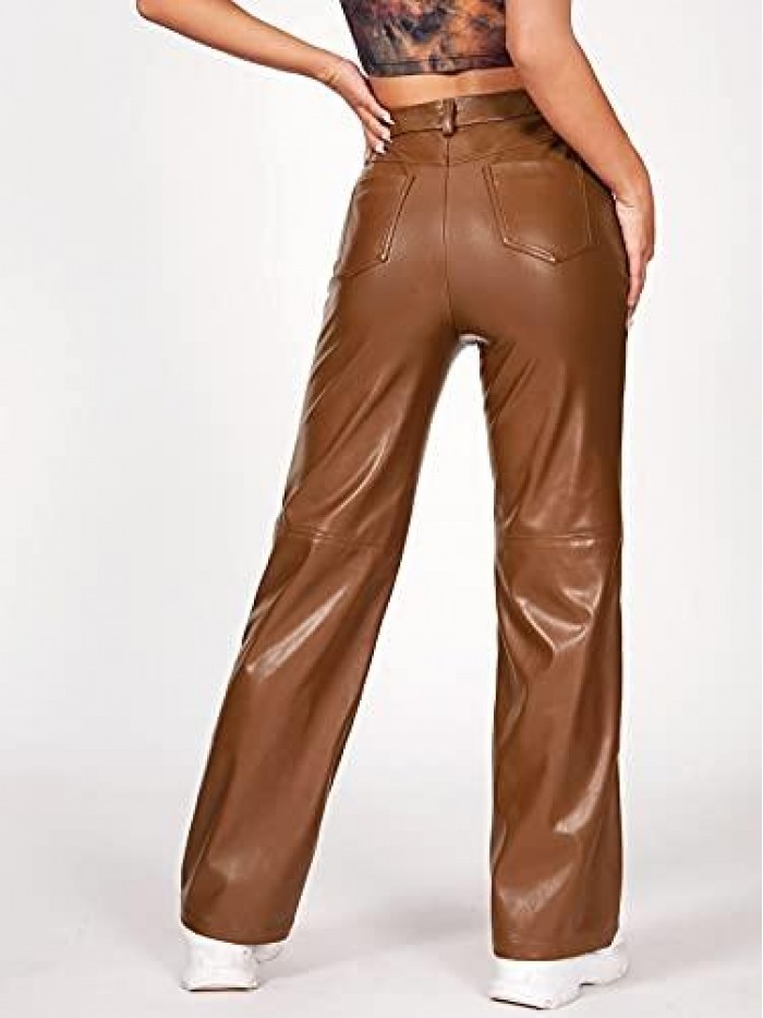 Women's PU High Waist Faux Leather Straight Leg Pants with Pockets 