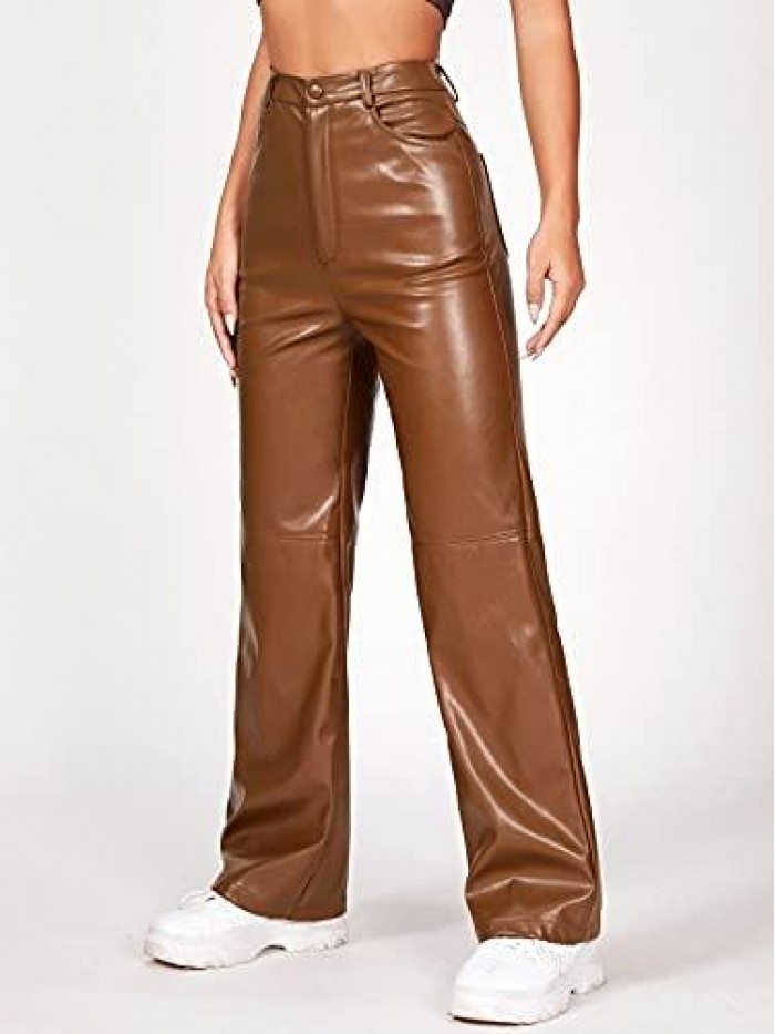 Women's PU High Waist Faux Leather Straight Leg Pants with Pockets 