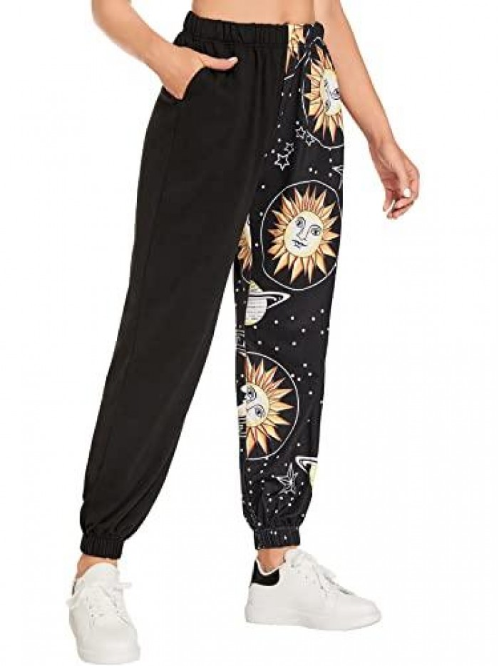 Women's Graphic Print Elastic Waist Sweatpants Casual Long Joggers 