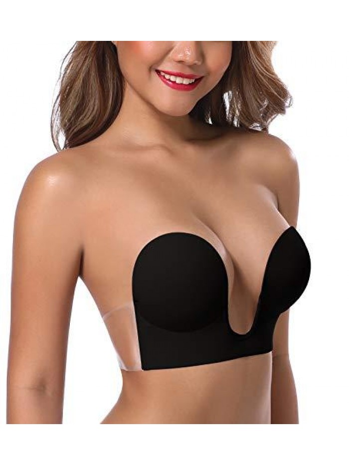 Women's Deep Plunge Strapless Backless Sticky Underwire Push Up Adhesive Bra 