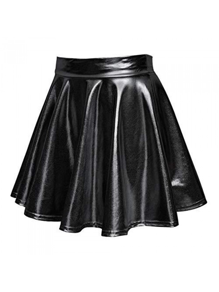 CoCo Women's Shiny Flared Pleated Mini Skater Skirt 