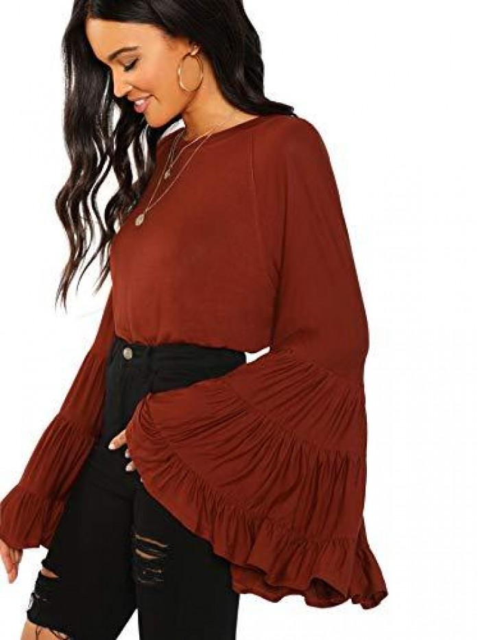 Women's Casual Boho Ruffle Long Bell Sleeve Tops Tee Shirt 