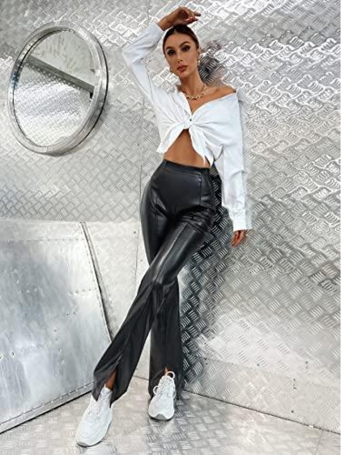 Women's PU Leather High Waist Split Hem Flare Leg Long Pants 