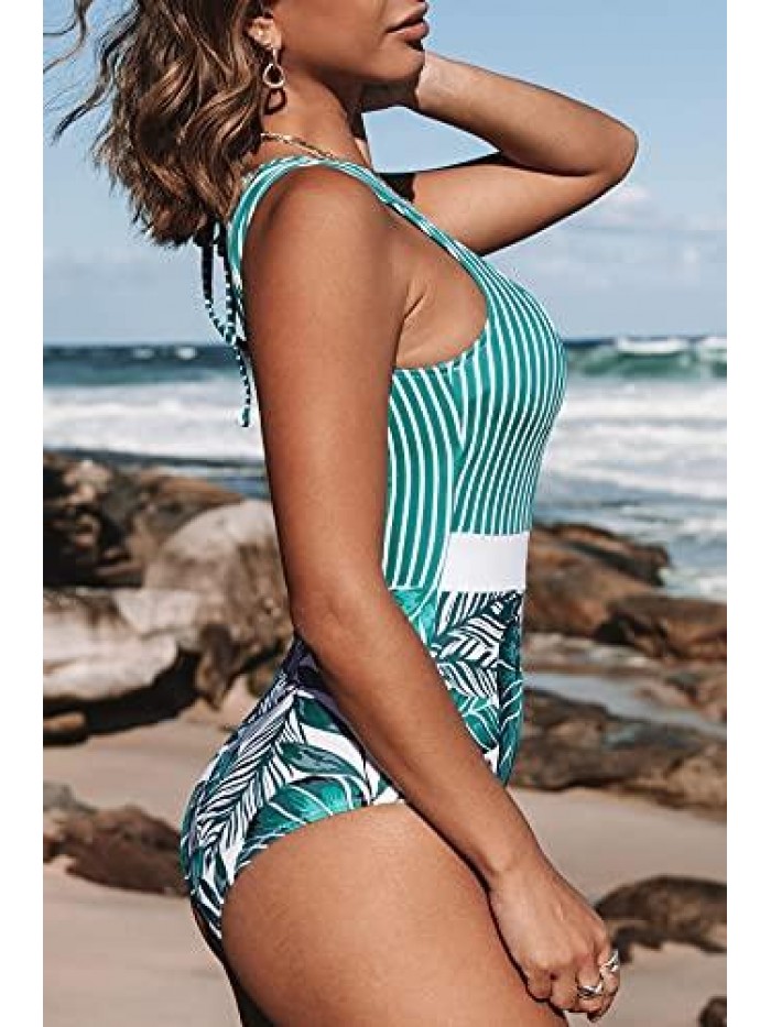 Women's Striped Leafy One Piece Swimsuit 