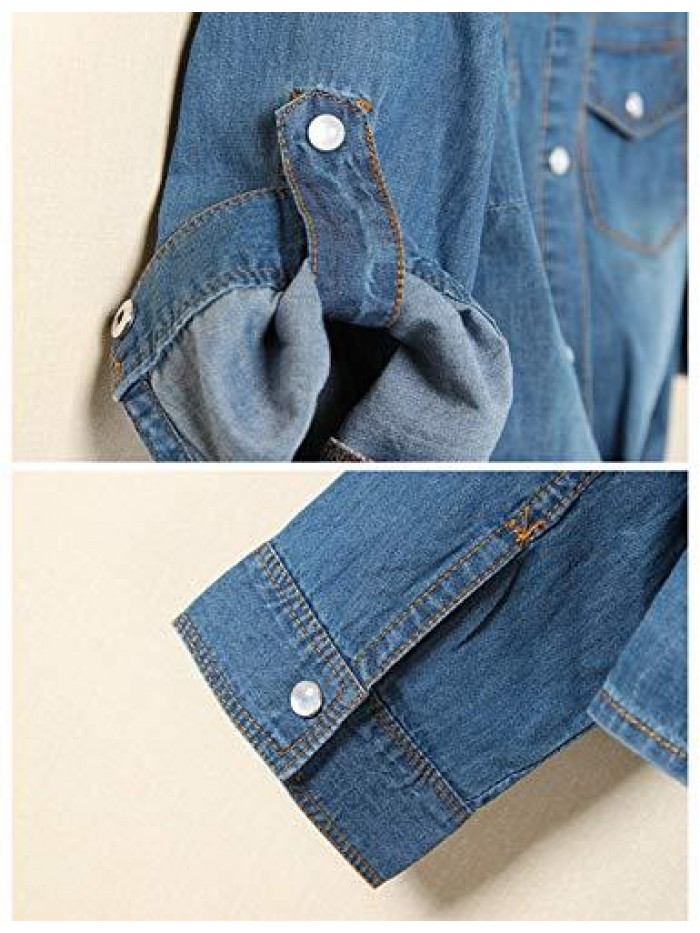 Women's 3/4 Sleeve Denim Crop Top Tie Knot Shirt Cardigan 