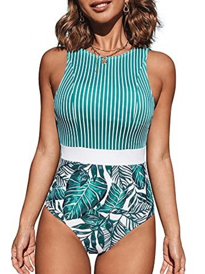 Women's Striped Leafy One Piece Swimsuit 