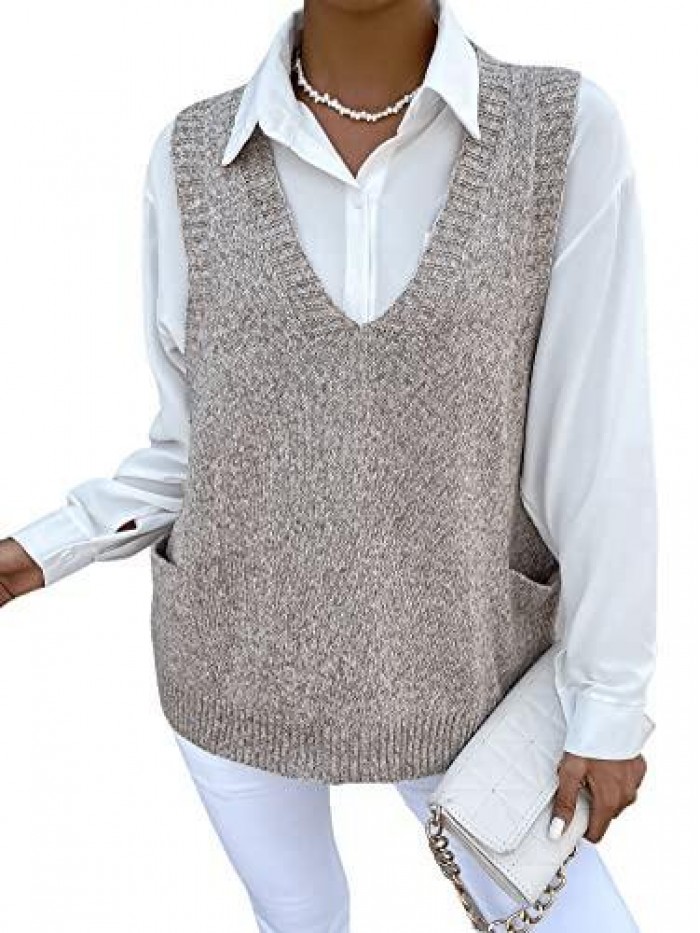 Women's V Neck Sleeveless Sweater Vests Dual Pocket Plain Knit Tops 