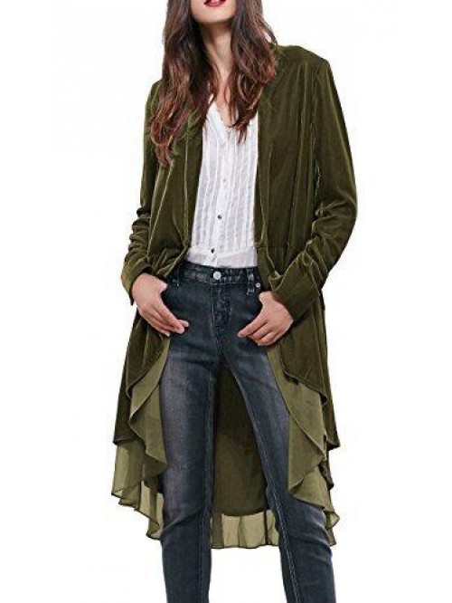 Womens Ruffled Asymmetric Long Velvet Blazers Coat...