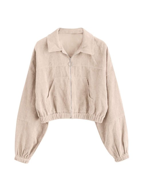 Women Zip Up Corduroy Jacket, Long Sleeve Cropped ...