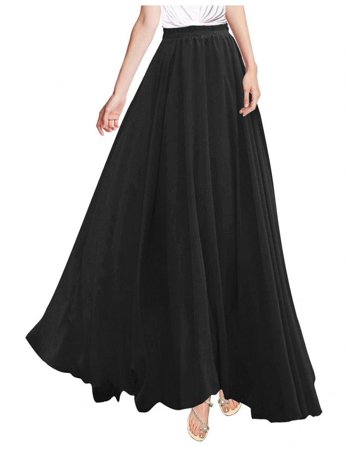 Women Full/Ankle Length Elastic Pleated Retro Maxi Chiffon Long Skirt 