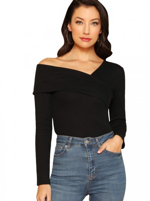 Women's Casual Cross Off Shoulder Deep V Neck Ribb...