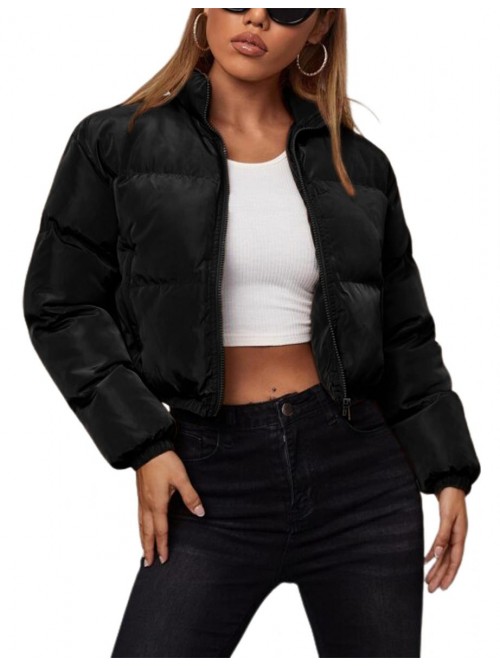 Women's Cropped Puffer Jacket Solid Full Zip Light...