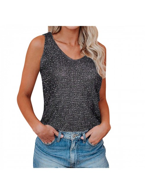 V-Neck Sleeveless Glitter Diamonds Camisole Vest S...