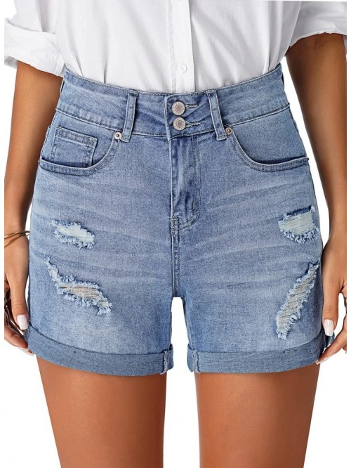 Women's High Waist Ripped Denim Shorts Rolled Hem ...