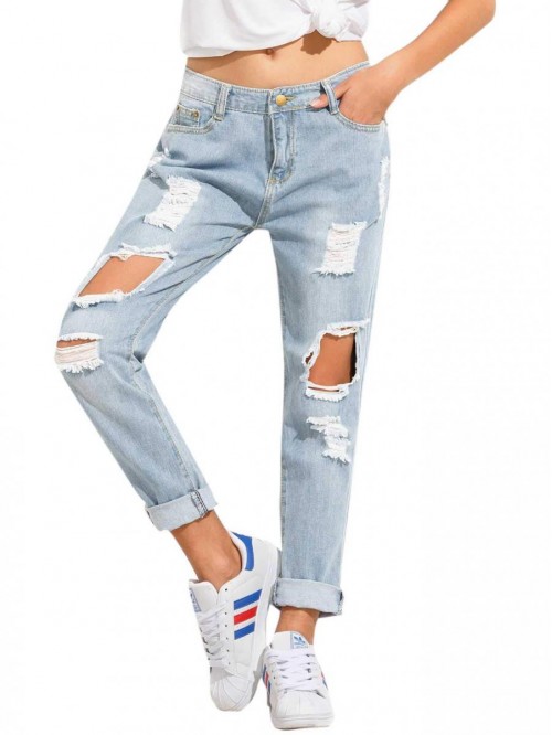 Women's Ripped Boyfriend Jeans Distressed Denim An...