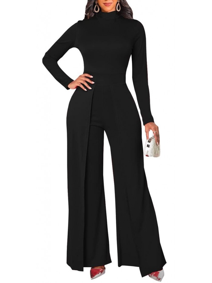 Elegant Jumpsuits Dressy Long Sleeve Straight Long Pants Rompers with Pockets 